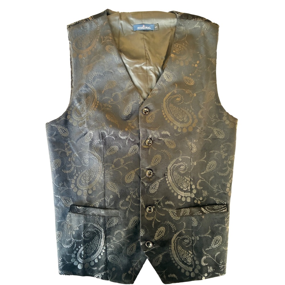 Suisional Mens Paisley Suit Vest Charcoal Grey Formal Waistcoat Size S Slim Fit